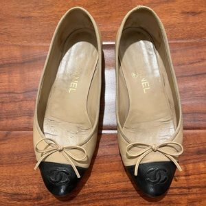 Used Chanel Classic Ballet Flats in Beige with Black Toe Cap Sz 37